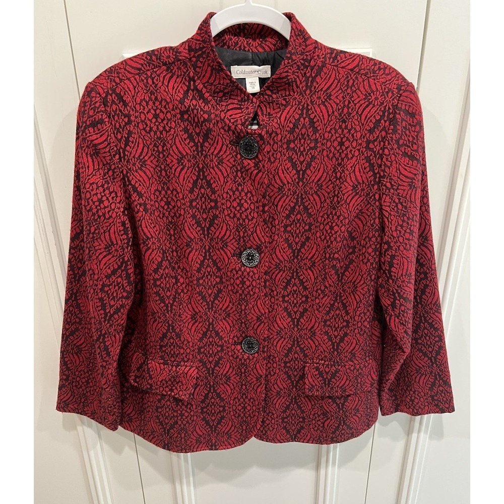 Coldwater Creek Brocade Jacquard Button Up Jacket Red Pleated Artsy Asian Inspo